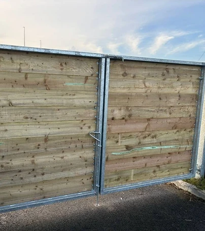 Galvanised steel driveway gates with wooden panels